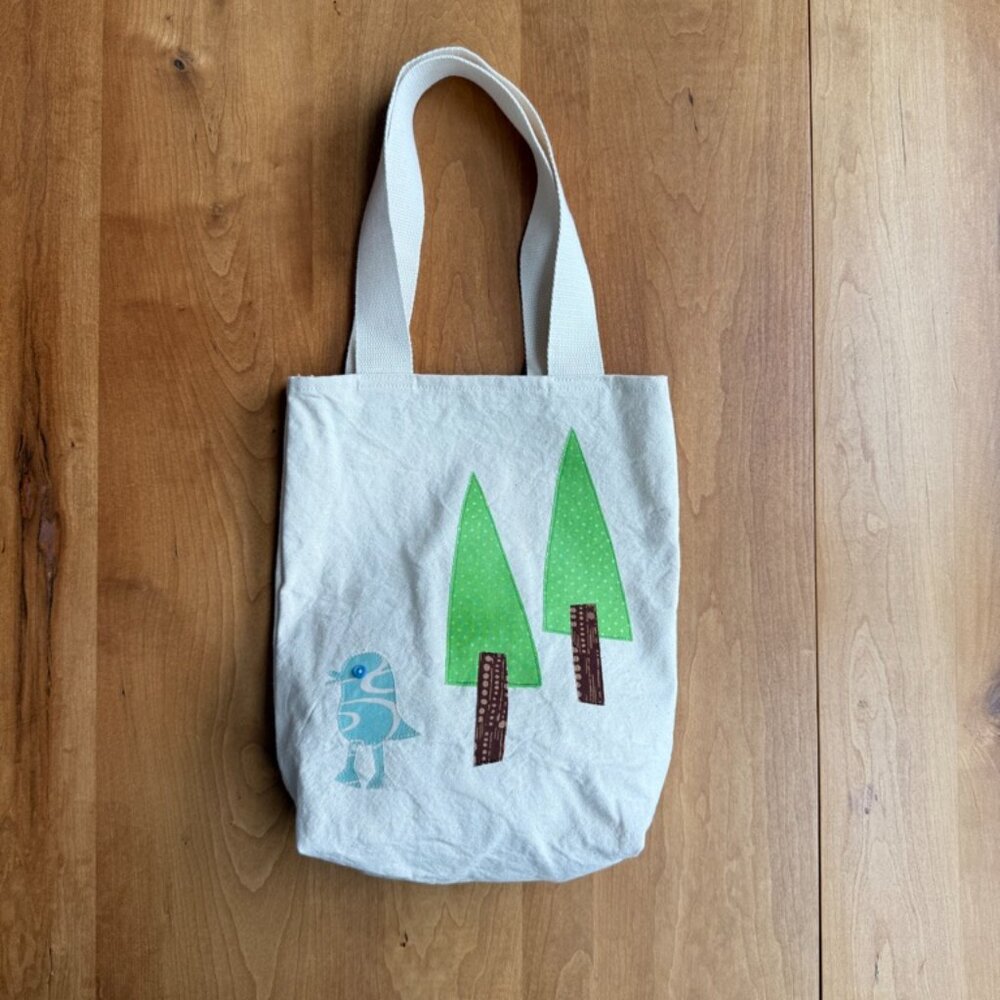 Canvas Shoulder Bag with a Bird and Trees